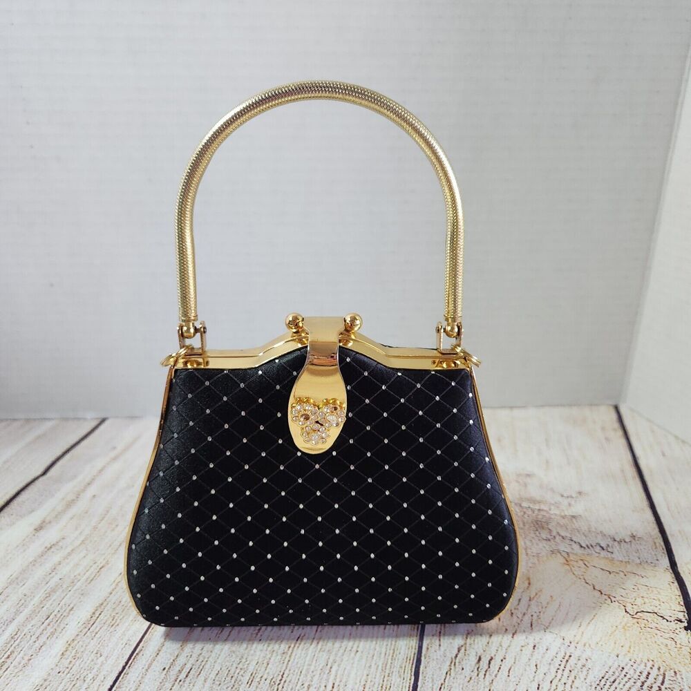 Vintage 1980s Black & Gold Satin Metal Framed Evening Box Bag